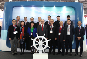 The Secretary for Transport and Housing and Chairman of the Hong Kong Maritime and Port  Board (HKMPB), Mr Frank Chan Fan, and the HKMPB delegation attended Marintec China 2017 in Shanghai on December 5. Mr Chan (front row, fourth left) is pictured with the delegates at the opening ceremony of the Hong Kong Pavilion.