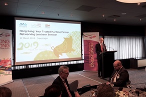 The Secretary for Transport and Housing, Mr Frank Chan Fan, delivers a speech today (March 12, Copenhagen time) at a seminar-cum-luncheon jointly organised by the Hong Kong Maritime and Port  Board, the Hong Kong Trade Development Council, the Hong Kong Economic and Trade Office, London, and the Denmark-Hong Kong Trade Association in Copenhagen, Denmark to promote Hong Kong’s maritime industry.