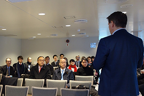 The delegation of the Hong Kong Maritime and Port  Board led by the Secretary for Transport and Housing, Mr Frank Chan Fan, visited Bergen, Norway, for the last leg of their Nordic tour today (March 15, Bergen time). Photo shows Mr Chan (front row, first right) and the delegation receiving a briefing by the staff on board an environmental friendly ferry.