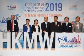 The Chairman of the Hong Kong Maritime and Port  Board (HKMPB) and Secretary for Transport and Housing, Mr Frank Chan Fan (centre), joined by the Director of Marine, Ms Agnes Wong (third left); the Chairman of the Maritime and Port Development Committee of the HKMPB, Mr Andy Tung (third right); the Chairman of the Promotion and External Relations Committee of the HKMPB, Ms Agnes Choi (second left); the Chairman of the Manpower Development Committee of the HKMPB, Mr Willy Lin (second right); the Chairman of the Hong Kong Shipowners Association, Mr Jack Hsu (first right); and the Museum Director of Hong Kong Maritime Museum, Mr Richard Wesley (first left), officiates at the Hong Kong Maritime Week 2019 opening ceremony today (November 18).