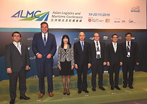 The Chairman of the Hong Kong Maritime and Port  Board and Secretary for Transport and Housing, Mr Frank Chan Fan (centre), is pictured with the Executive Director of the Hong Kong Trade Development Council, Ms Margaret Fong (third left); the Senior Economist of the Economic Research and Statistics Division of the World Trade Organization, Mr Coleman Nee (third right); the Senior Vice President and Head of Asia Pacific Region of Maersk, Mr Robbert van Trooijen (second left); the Partner and Chief Executive Officer of HOPU Investments, Mr Lau Teck Sien (second right); the Senior Executive Officer of Yamato Holdings Co Ltd, Mr Katsuhiko Umetsu (first left); and the Managing Director of Li & Fung Development (China) Limited and Fung Business Intelligence, Mr Chang Ka-mun (first right), at the Asian Logistics and Maritime Conference today (November 19).
